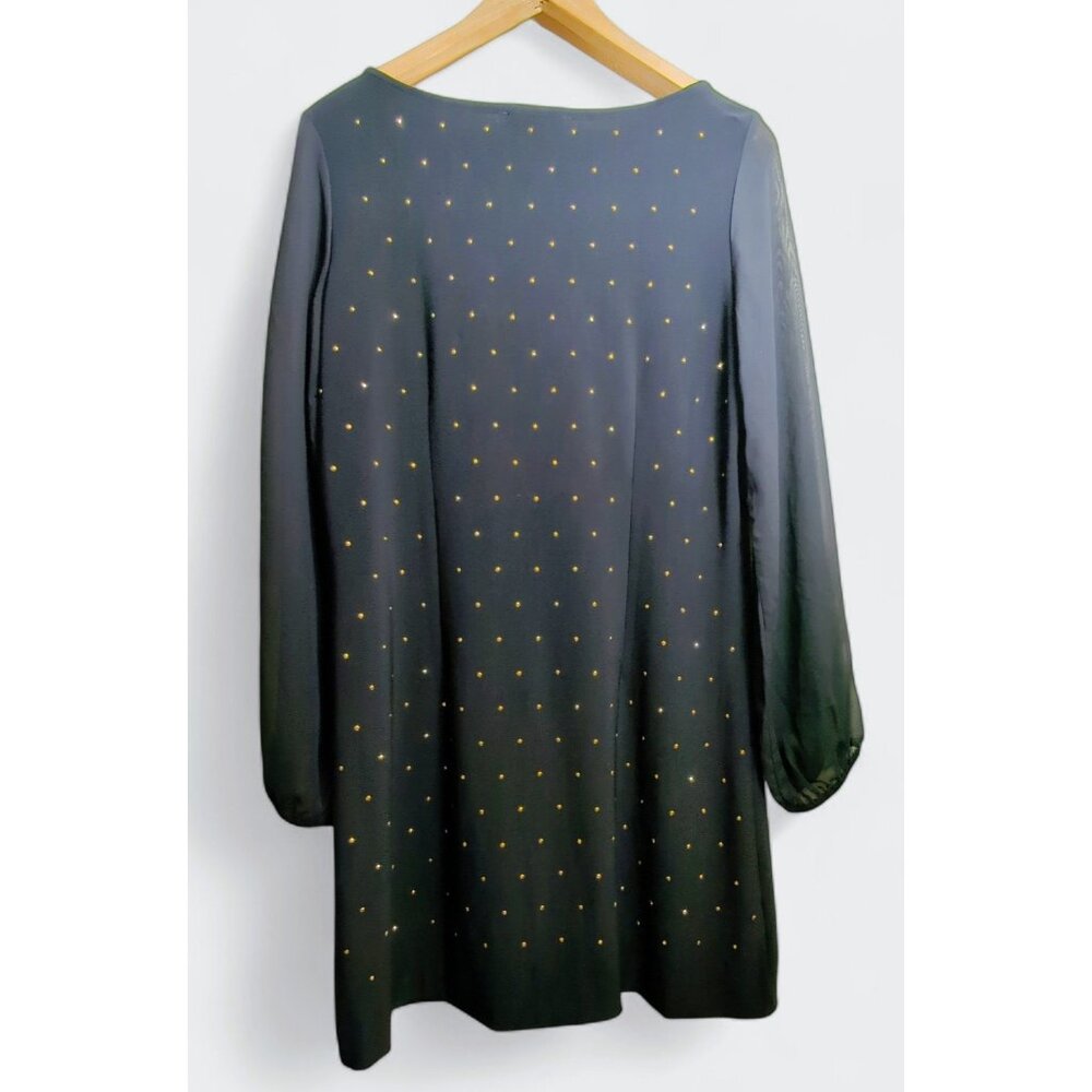 White House Black Market Women's Black Midi‎ Dress Gold Studs Sheer Long Sleeves